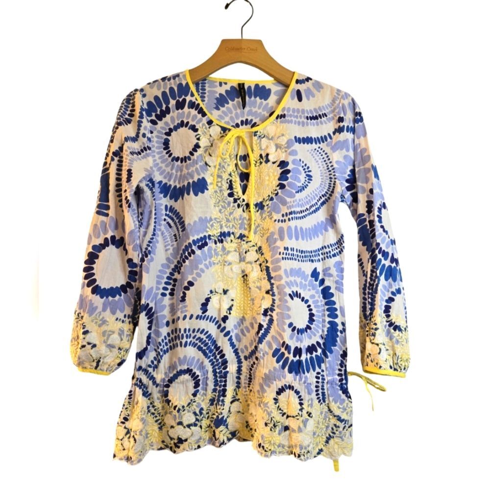 KAS Designs Cotton Mod Floral Embroidered Boho Tunic Top Peasant 70's Size S